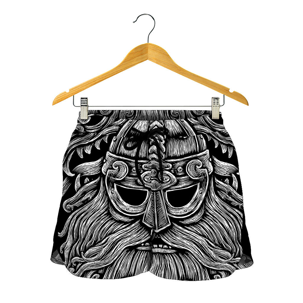 Black And White Odin With Wolfs Print Women's Shorts