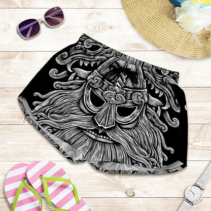 Black And White Odin With Wolfs Print Women's Shorts