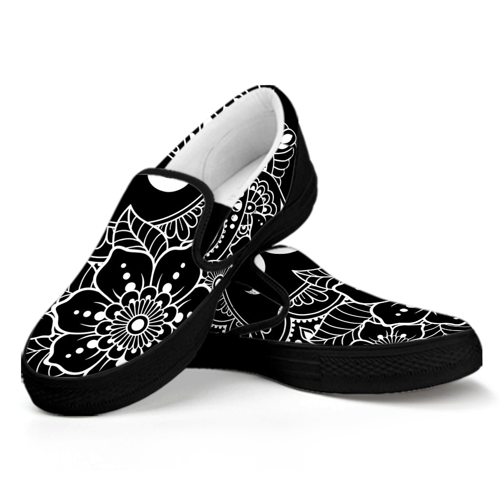 Black And White Om Print Black Slip On Shoes