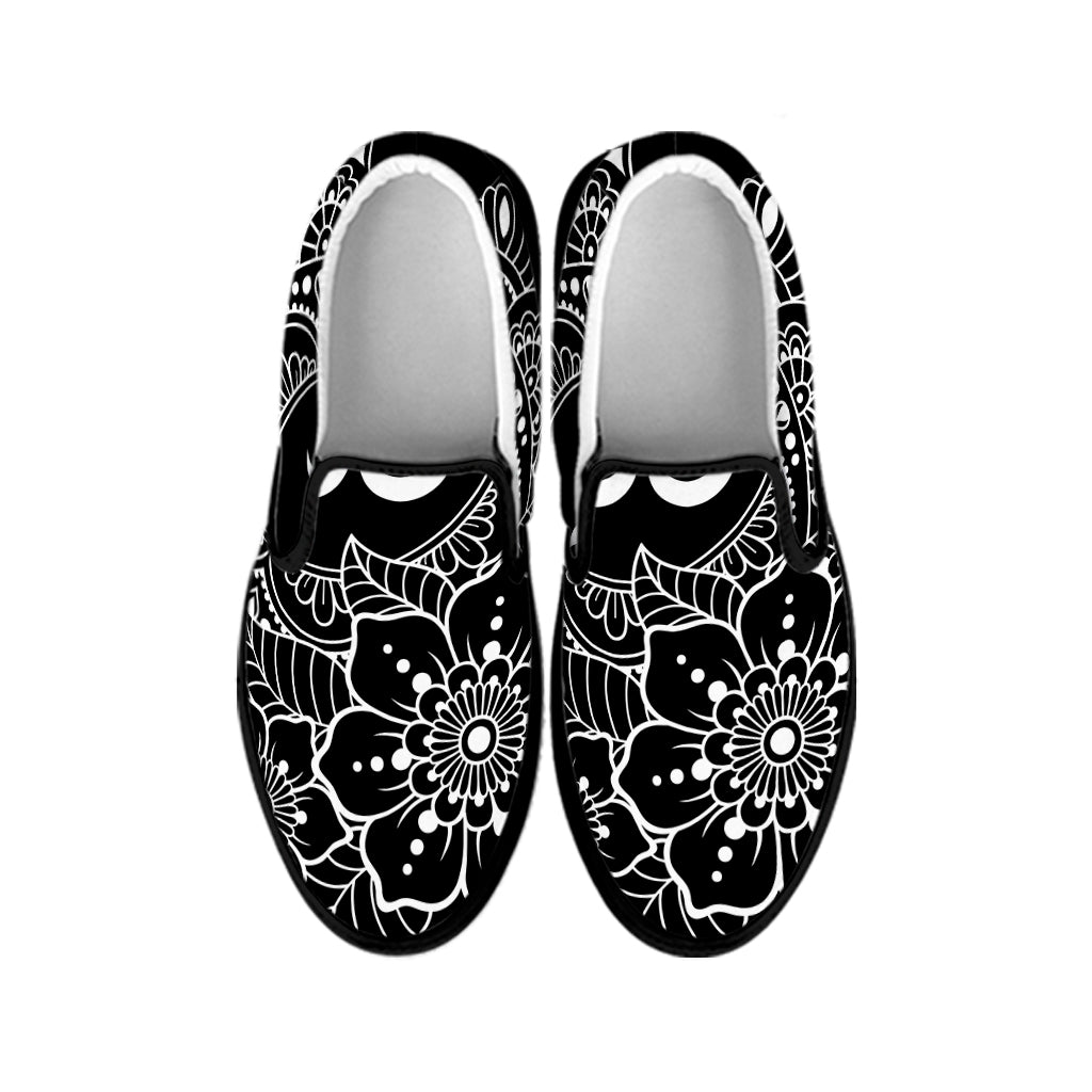 Black And White Om Print Black Slip On Shoes
