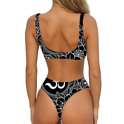 Black And White Om Print Front Bow Tie Bikini