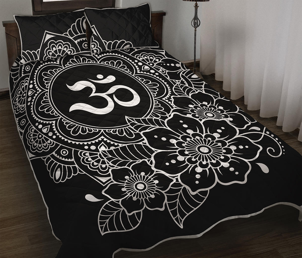 Black And White Om Print Quilt Bed Set