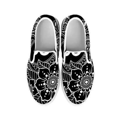 Black And White Om Print White Slip On Shoes