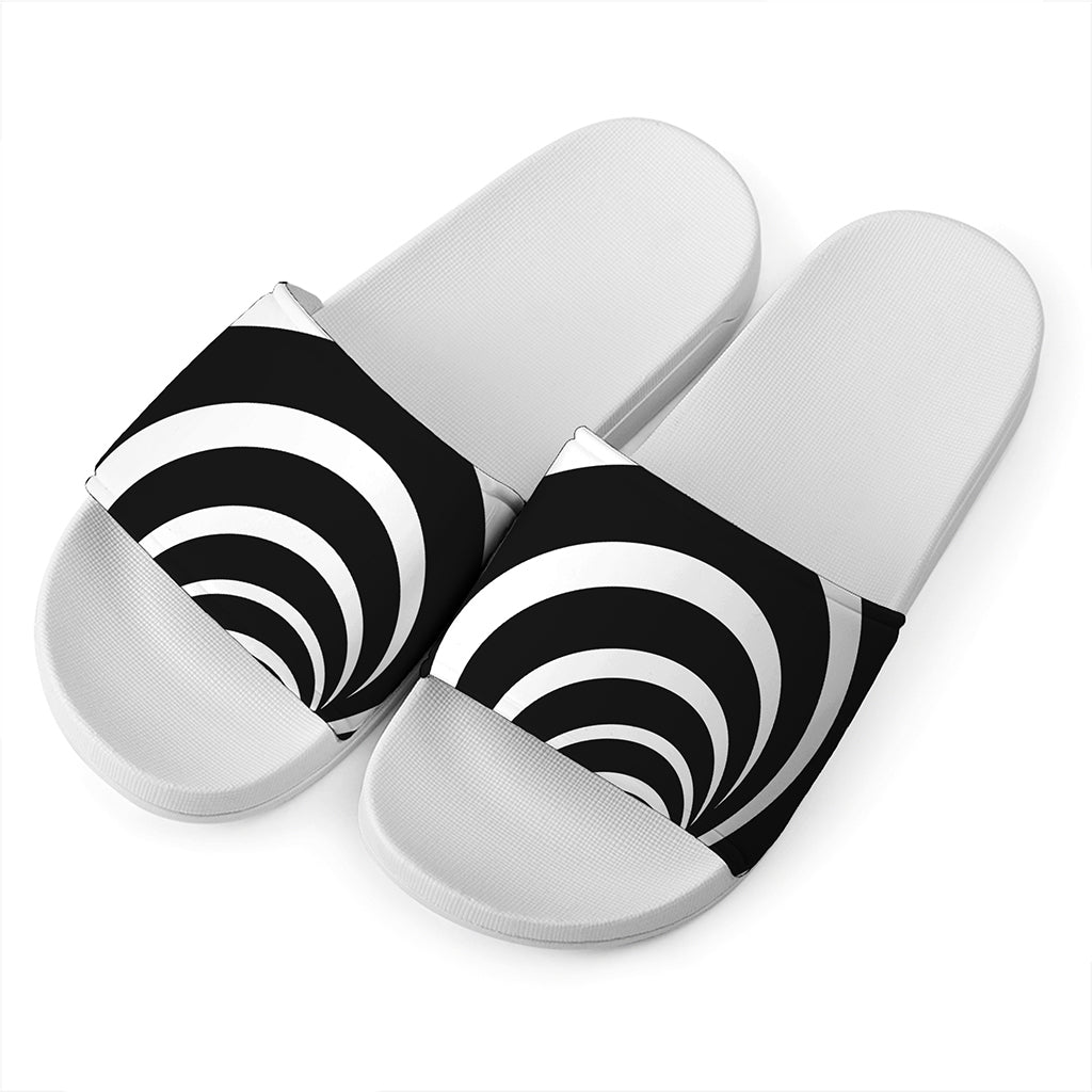 Black And White Optical Illusion Print White Slide Sandals