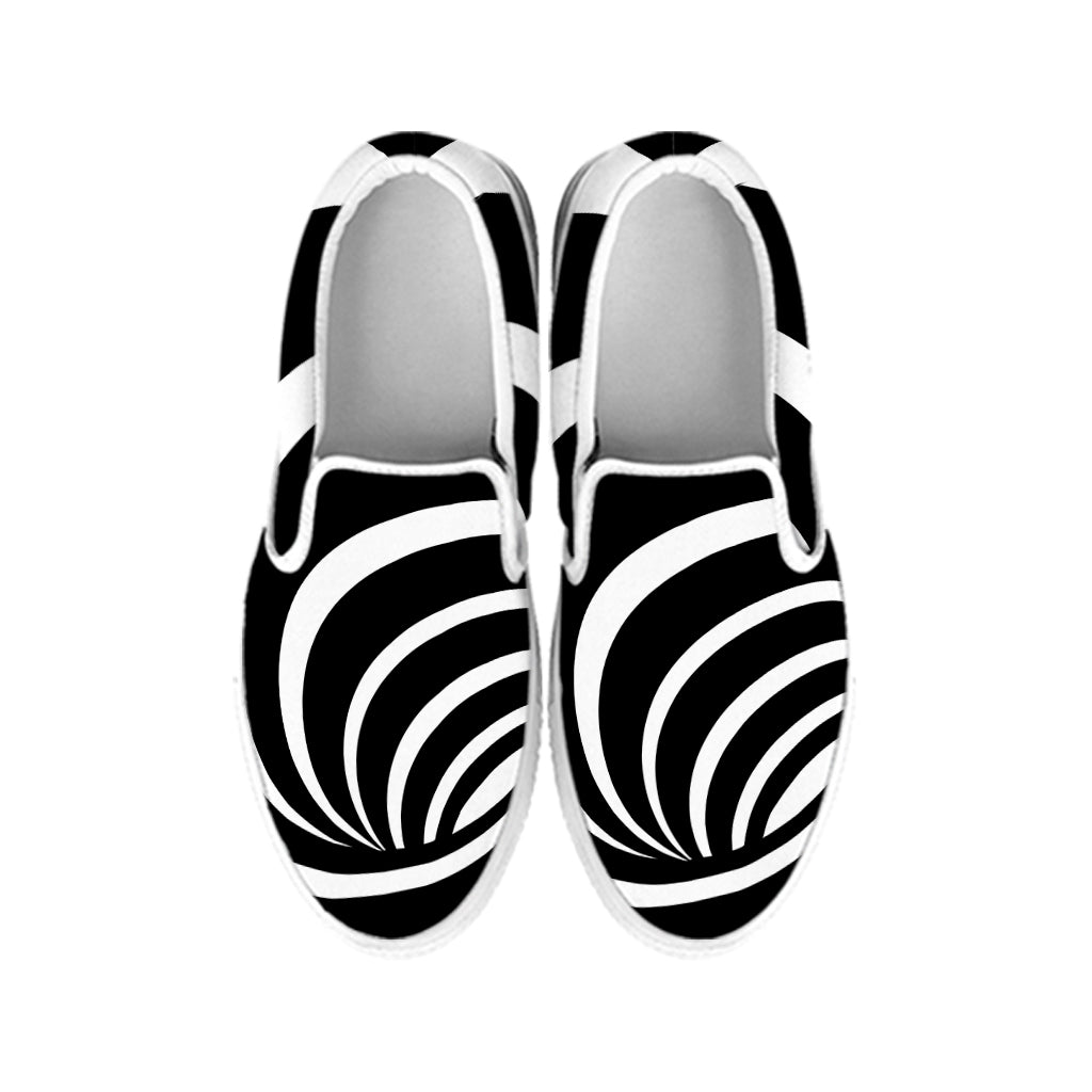 Black And White Optical Illusion Print White Slip On Shoes