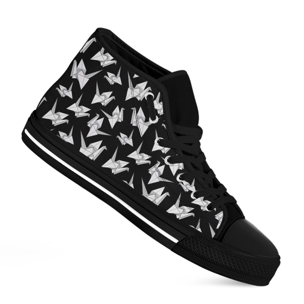 Black And White Origami Pattern Print Black High Top Shoes