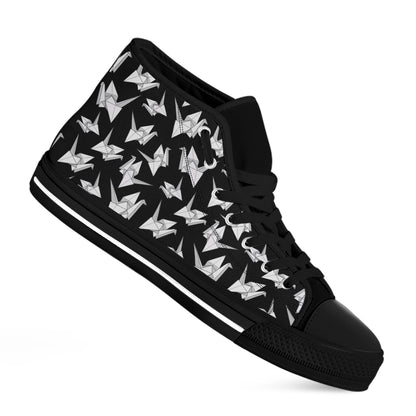 Black And White Origami Pattern Print Black High Top Shoes