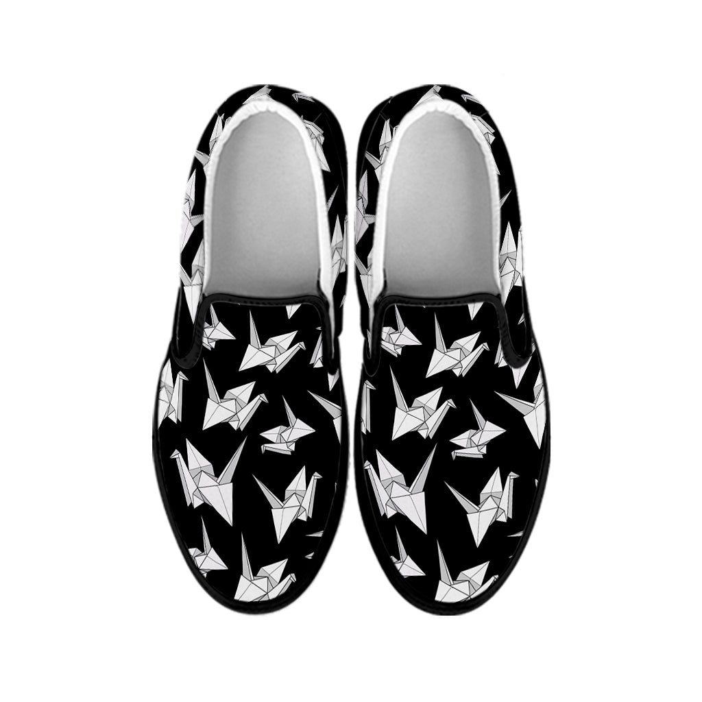 Black And White Origami Pattern Print Black Slip On Shoes