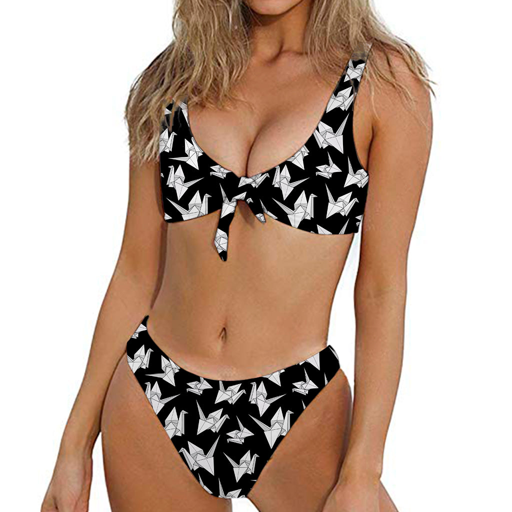 Black And White Origami Pattern Print Front Bow Tie Bikini