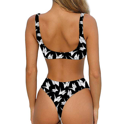 Black And White Origami Pattern Print Front Bow Tie Bikini
