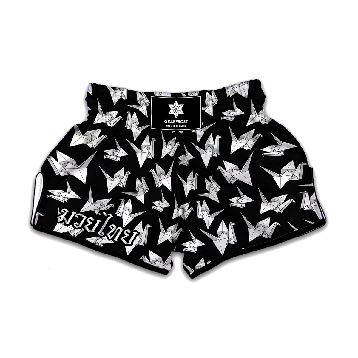 Black And White Origami Pattern Print Muay Thai Boxing Shorts