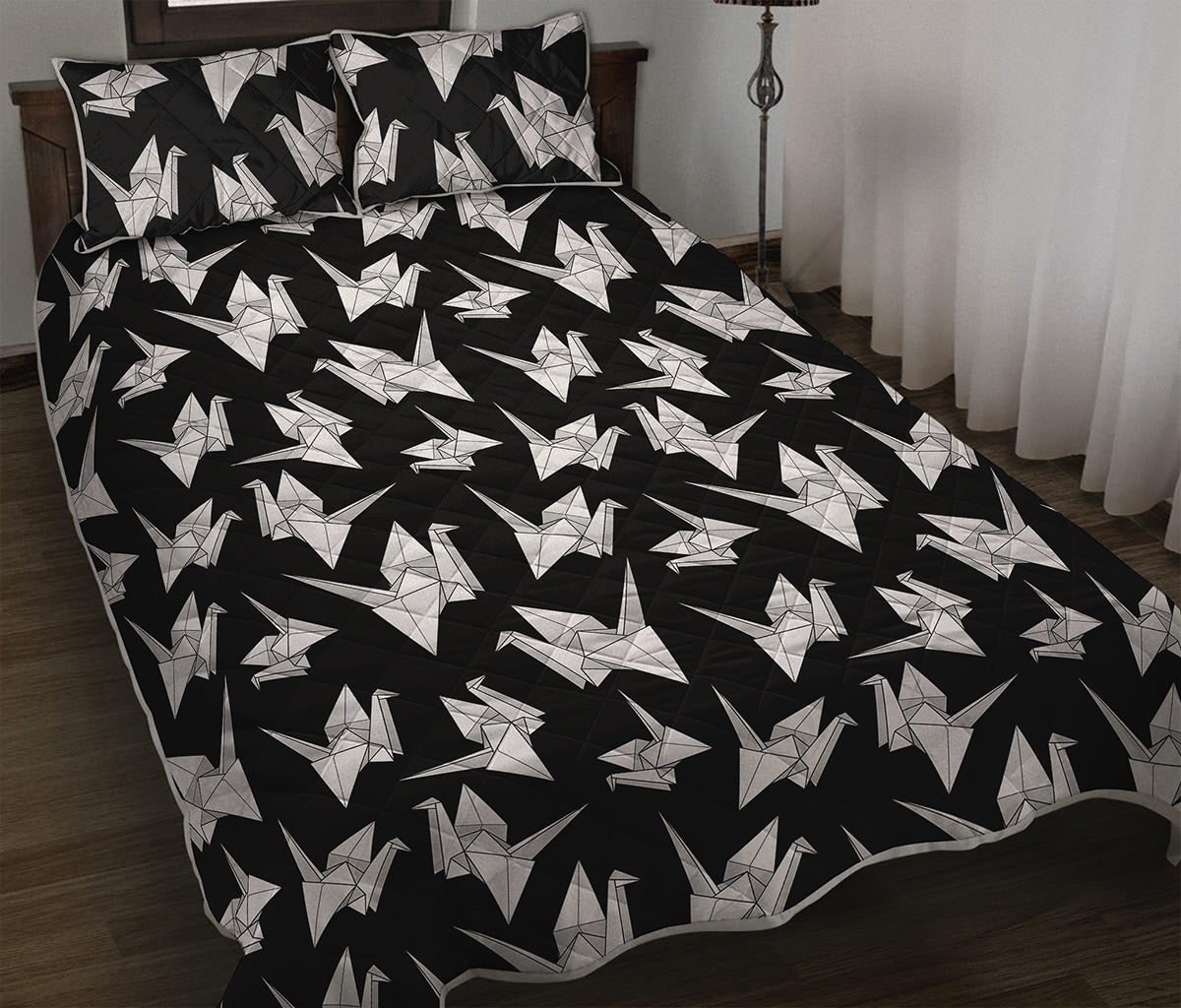 Black And White Origami Pattern Print Quilt Bed Set