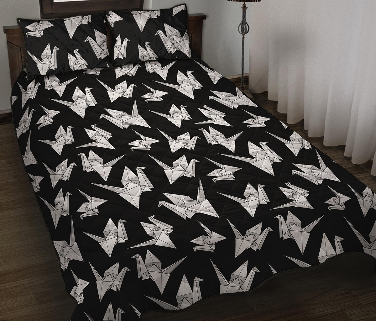 Black And White Origami Pattern Print Quilt Bed Set
