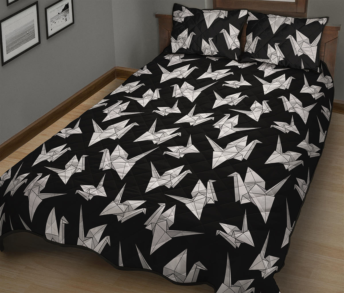 Black And White Origami Pattern Print Quilt Bed Set