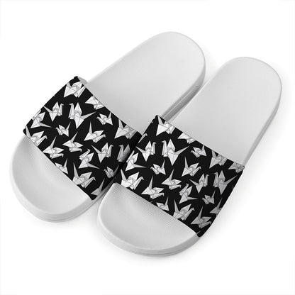 Black And White Origami Pattern Print White Slide Sandals