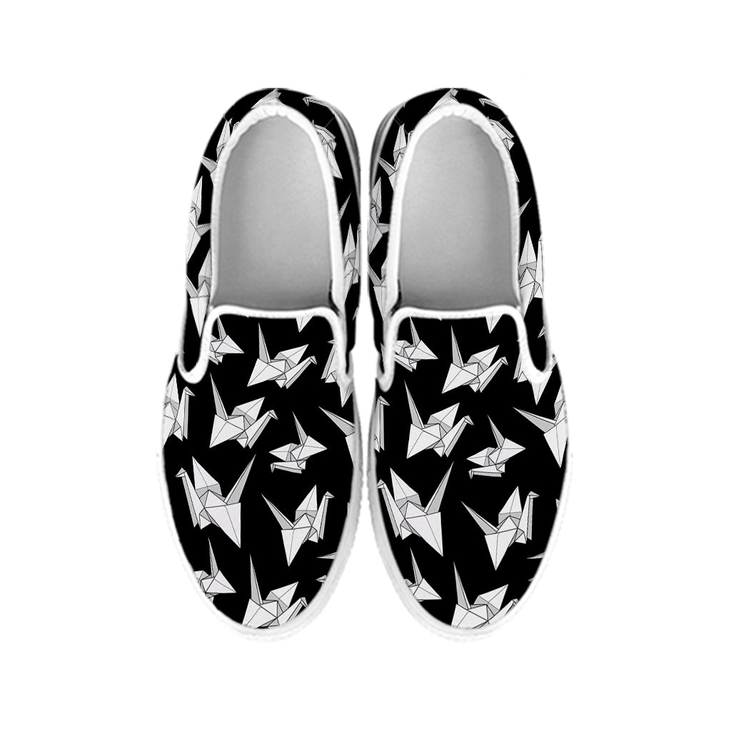 Black And White Origami Pattern Print White Slip On Shoes