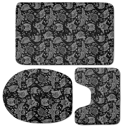 Black And White Owl Pattern Print 3 Piece Bath Mat Set