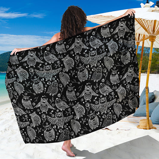 Black And White Owl Pattern Print Beach Sarong Wrap