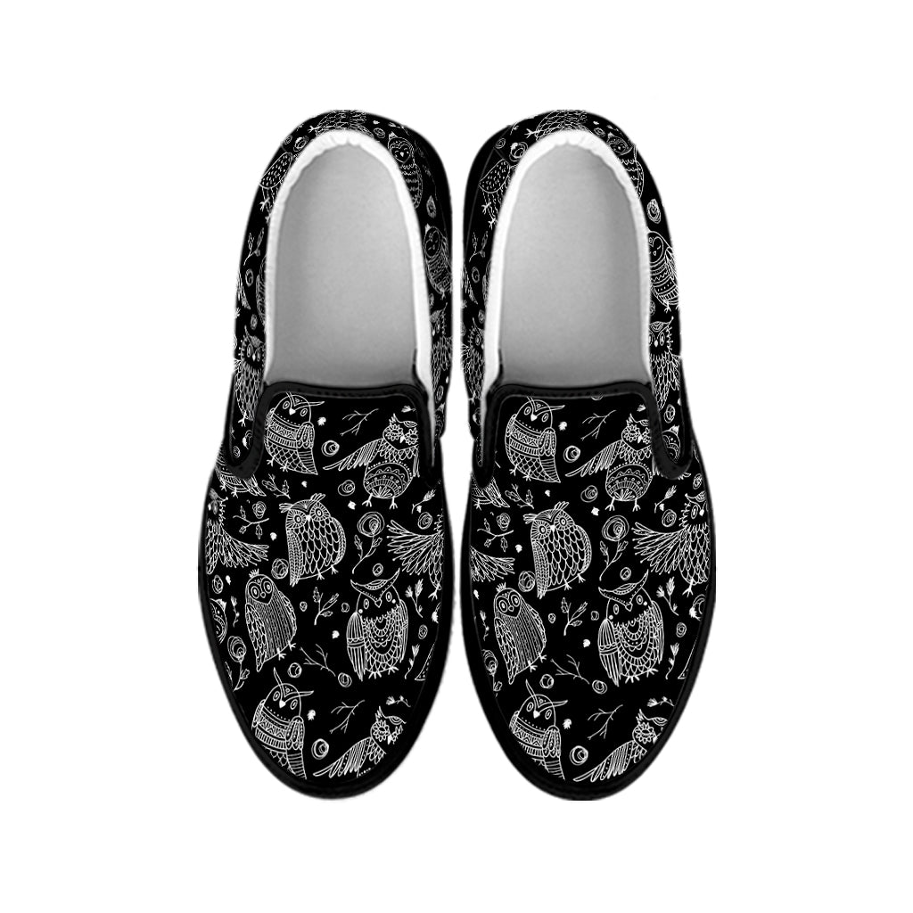 Black And White Owl Pattern Print Black Slip On Shoes