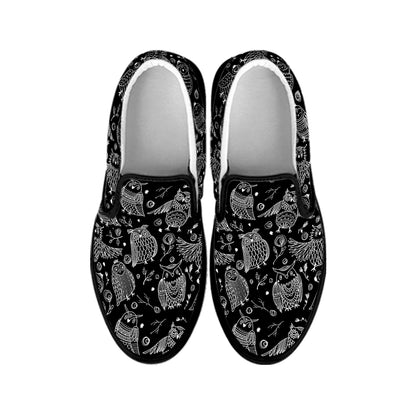 Black And White Owl Pattern Print Black Slip On Shoes
