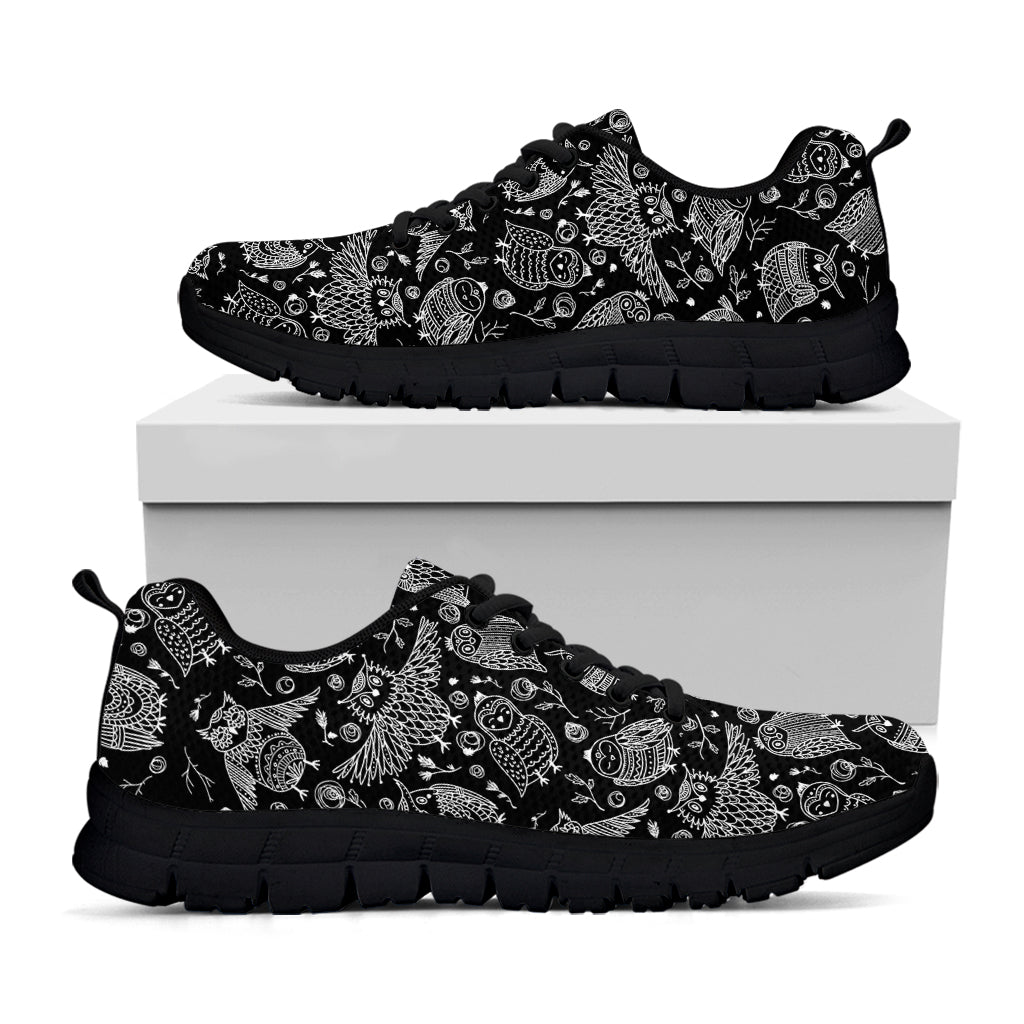 Black And White Owl Pattern Print Black Sneakers