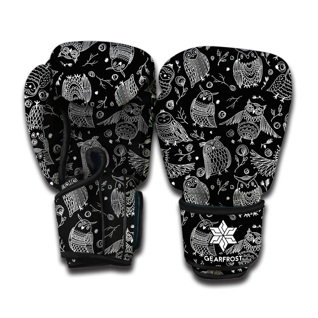 Black And White Owl Pattern Print Boxing Gloves