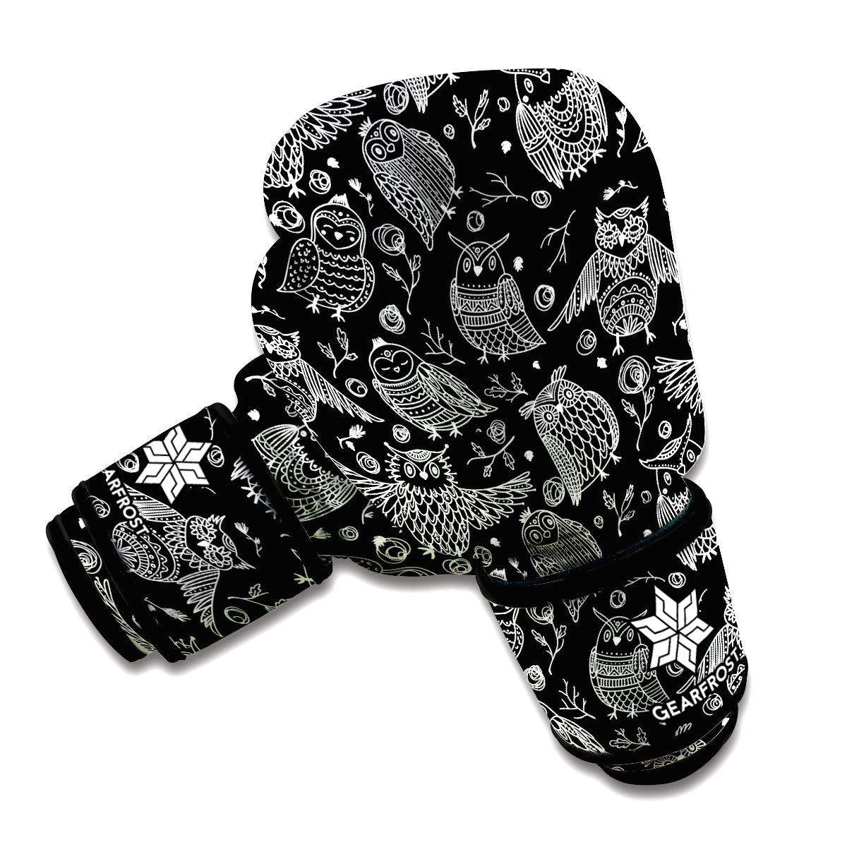 Black And White Owl Pattern Print Boxing Gloves