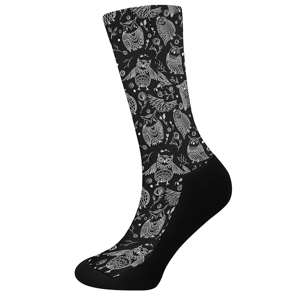 Black And White Owl Pattern Print Crew Socks