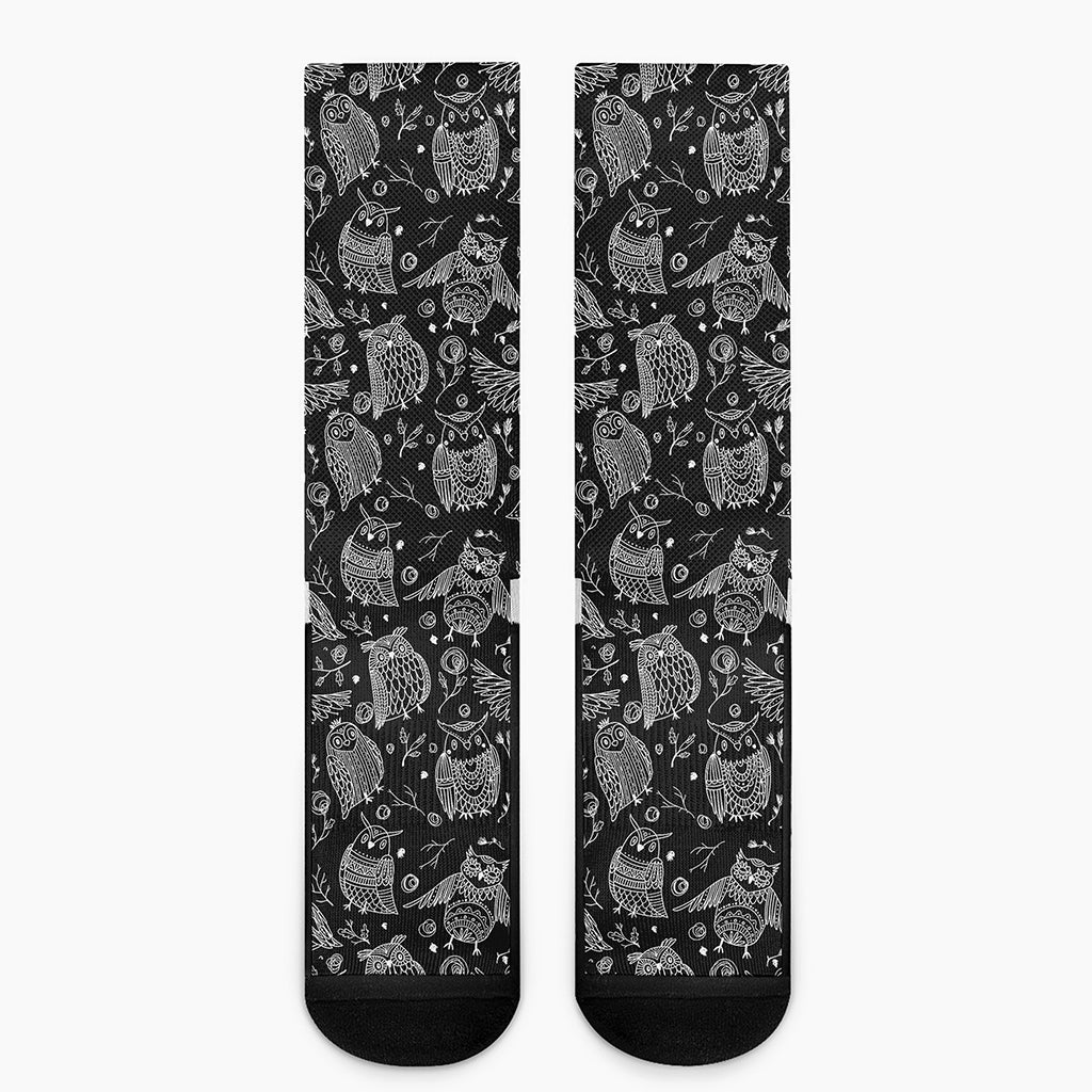 Black And White Owl Pattern Print Crew Socks