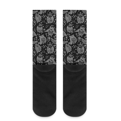 Black And White Owl Pattern Print Crew Socks