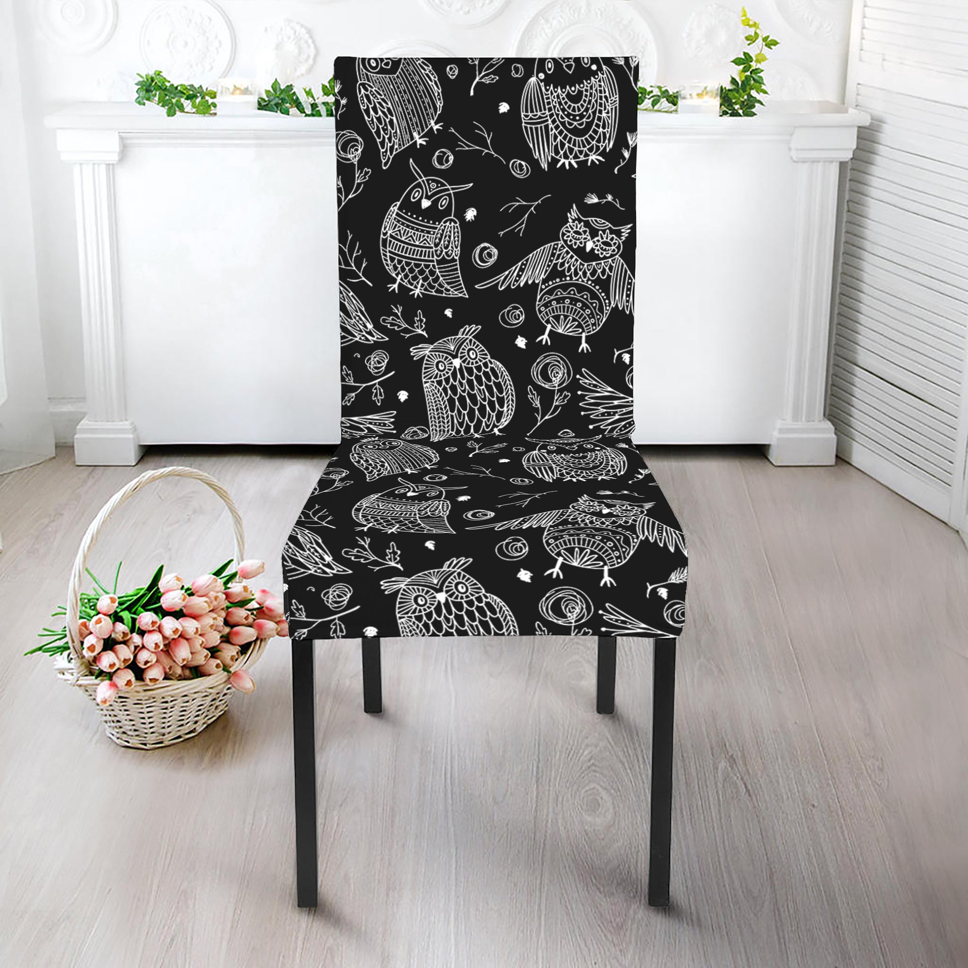 Black And White Owl Pattern Print Dining Chair Slipcover