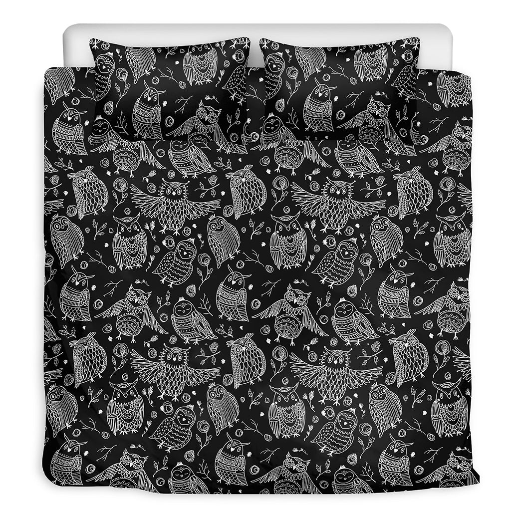 Black And White Owl Pattern Print Duvet Cover Bedding Set