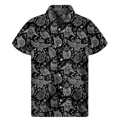 Black And White Owl Pattern Print Men's Short Sleeve Shirt