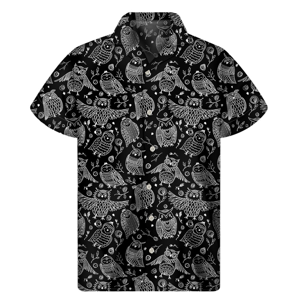 Black And White Owl Pattern Print Men's Short Sleeve Shirt