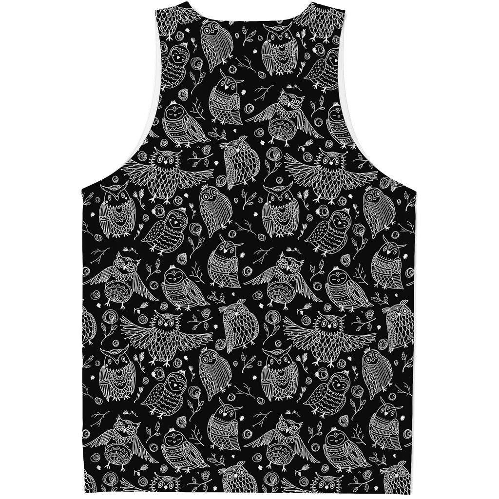 Black And White Owl Pattern Print Men's Tank Top