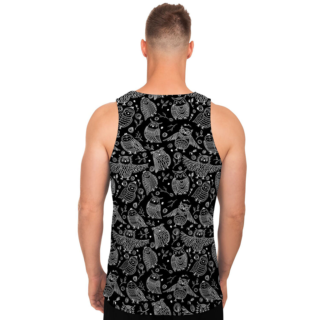 Black And White Owl Pattern Print Men's Tank Top