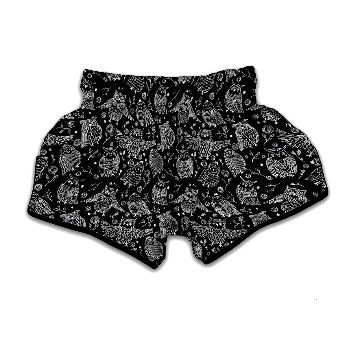 Black And White Owl Pattern Print Muay Thai Boxing Shorts