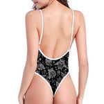 Black And White Owl Pattern Print One Piece High Cut Swimsuit