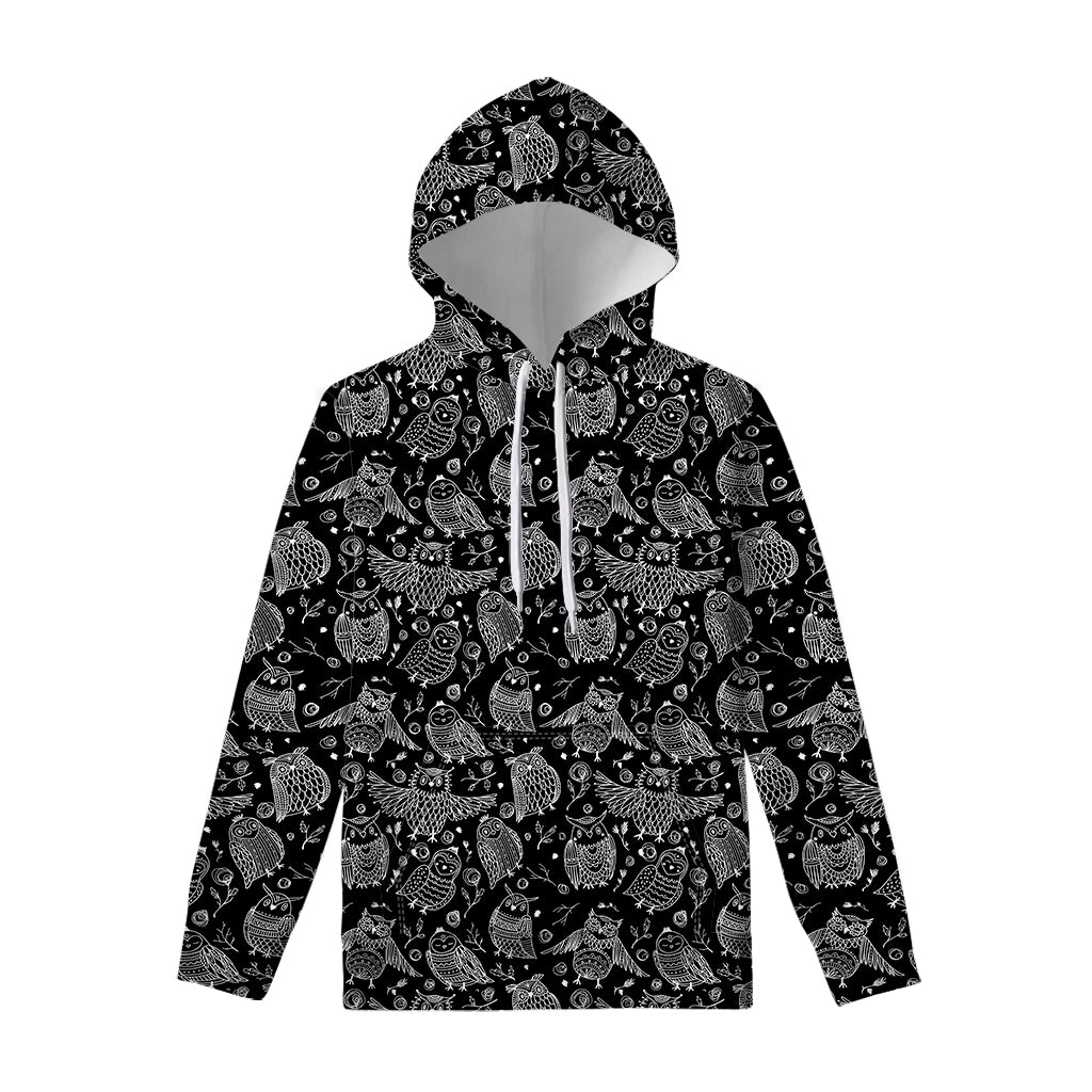 Black And White Owl Pattern Print Pullover Hoodie