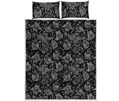 Black And White Owl Pattern Print Quilt Bed Set