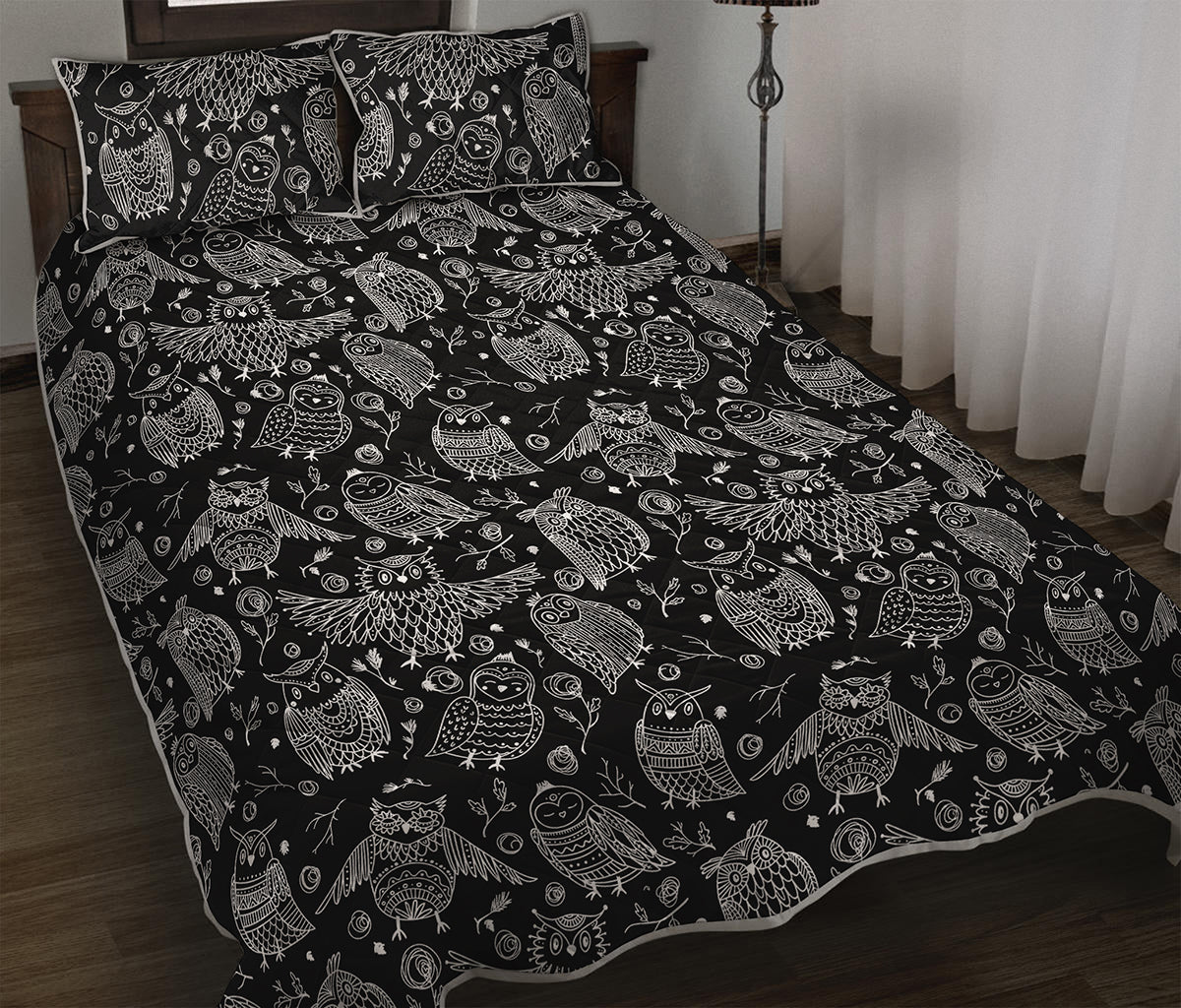 Black And White Owl Pattern Print Quilt Bed Set