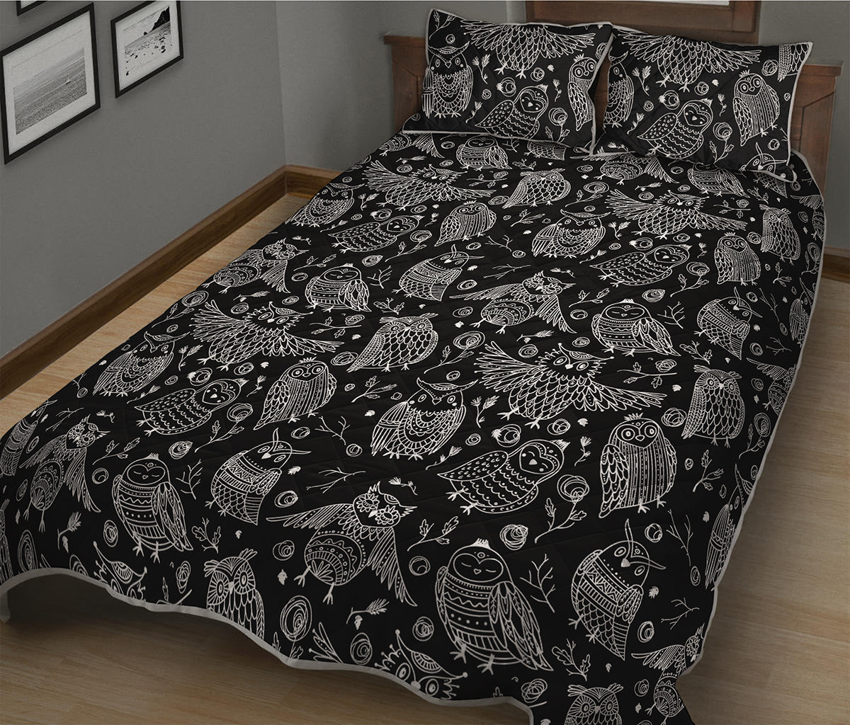 Black And White Owl Pattern Print Quilt Bed Set