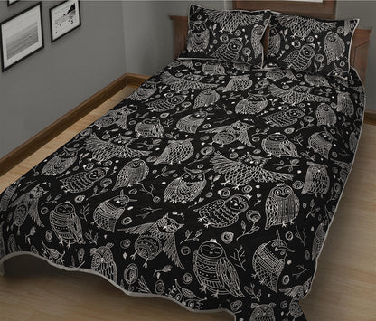 Black And White Owl Pattern Print Quilt Bed Set
