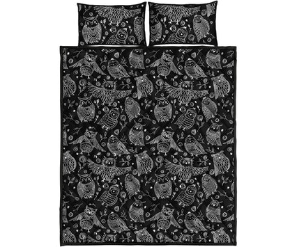 Black And White Owl Pattern Print Quilt Bed Set