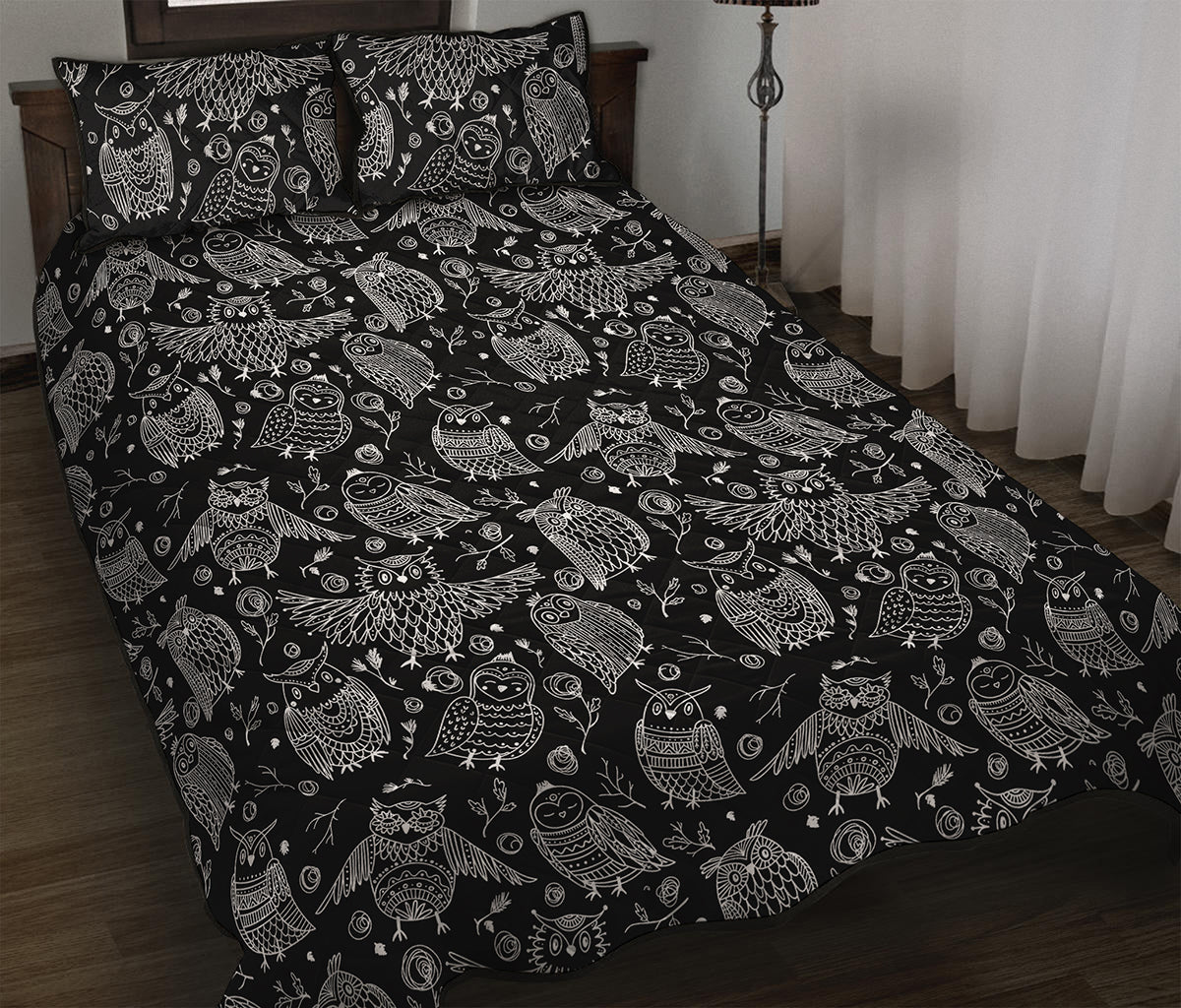Black And White Owl Pattern Print Quilt Bed Set