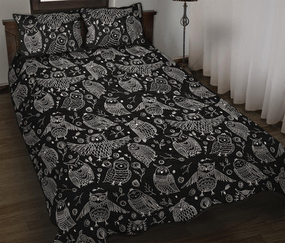 Black And White Owl Pattern Print Quilt Bed Set