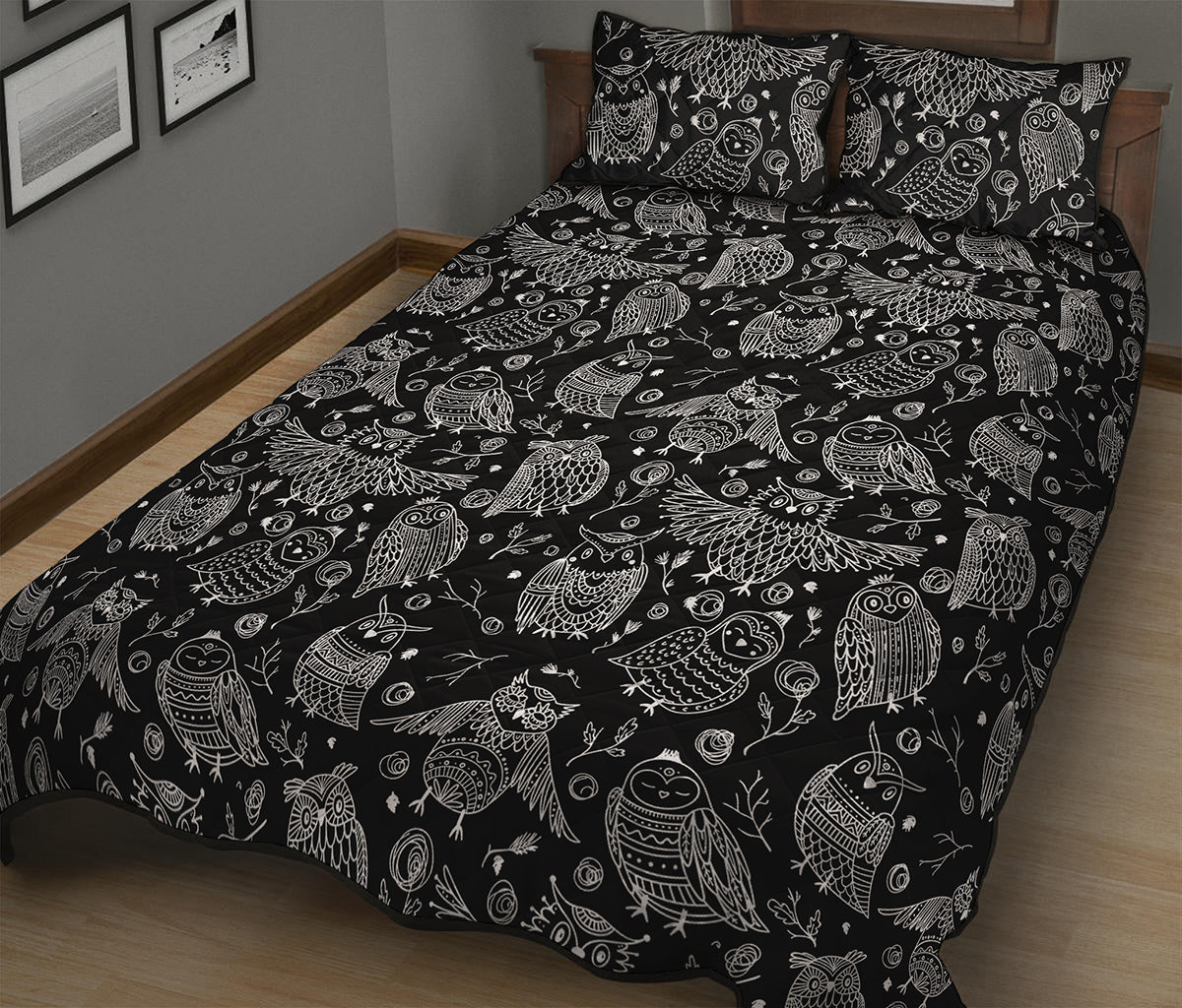 Black And White Owl Pattern Print Quilt Bed Set