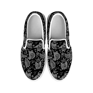 Black And White Owl Pattern Print White Slip On Shoes