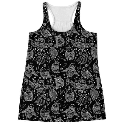 Black And White Owl Pattern Print Women's Racerback Tank Top