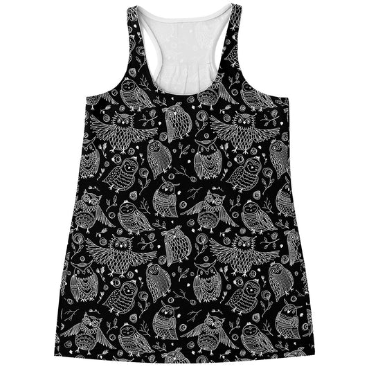 Black And White Owl Pattern Print Women's Racerback Tank Top